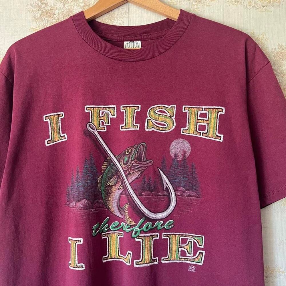 Vintage 90s Fishing Humor Tee | "I Fish Therefore I Lie" | Size L